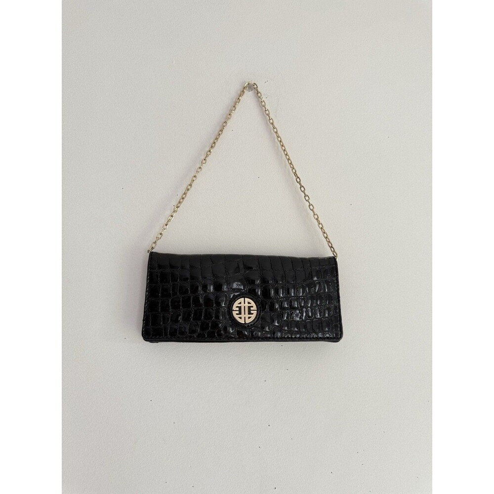 ✿ Antonio Melani Black Patent Leather Clutch Croc Embossed Gold Chain Logo Crest